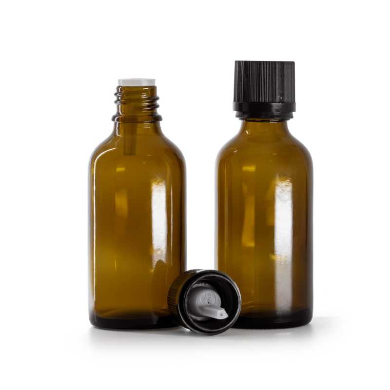 Flacone in vetro ambrato, tappo nero di sicurezza con contagocce, 50 ml