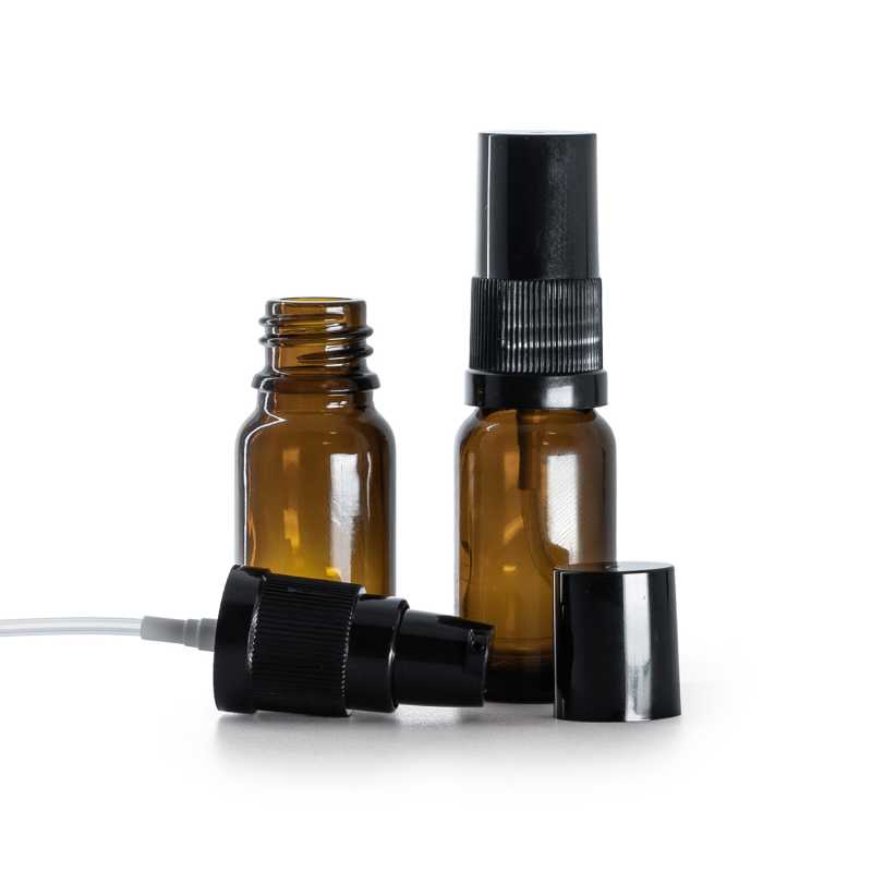 Flacone in vetro ambra, dosatore lozione nero con tappo nero, 10 ml