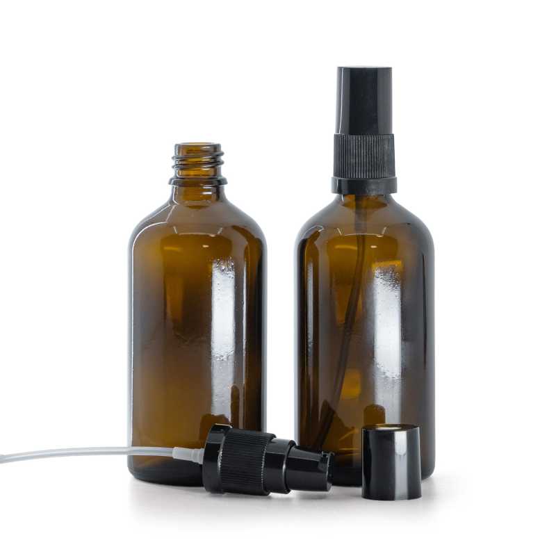 Bottiglia in vetro, per lozione, ambra, pompa lozione nera con cappuccio nero, 100 ml