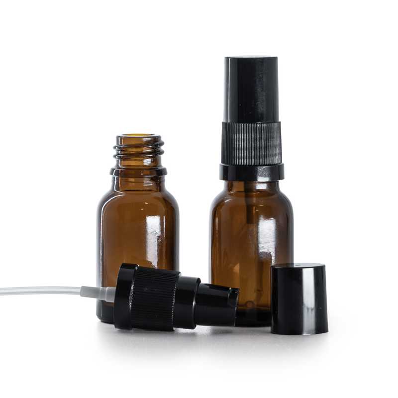 Flacone in vetro ambra, dosatore lozione nero con sovratappo nero, 15 ml