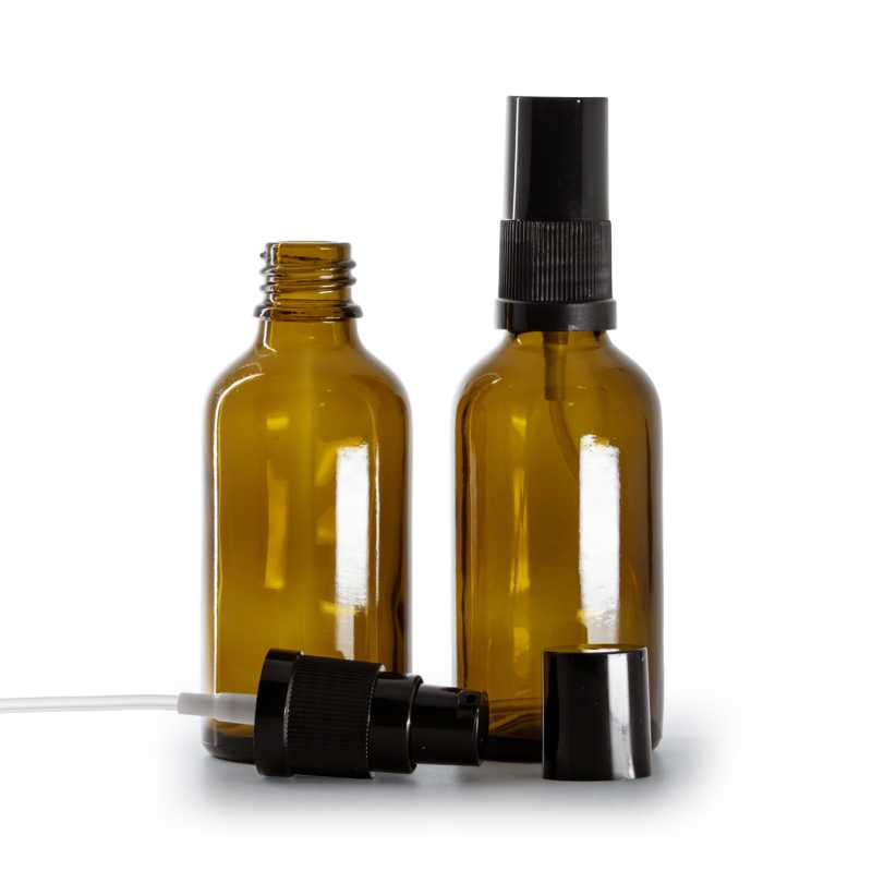 Flacone in vetro ambra, dosatore lozione nero, 50 ml