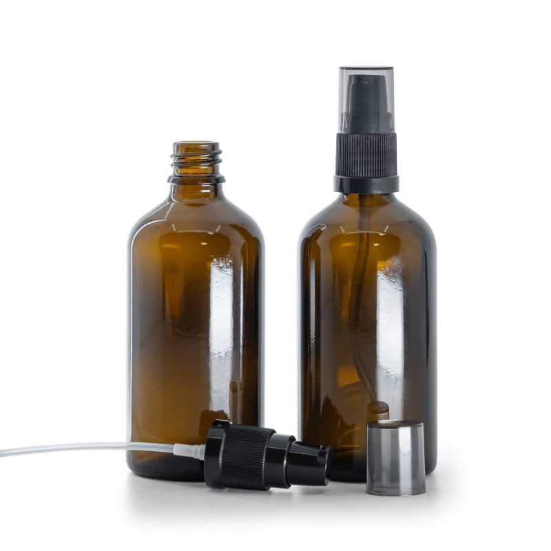 Bottiglia di vetro ambra, dosatore di crema con sopra-tappo fumé, 100 ml