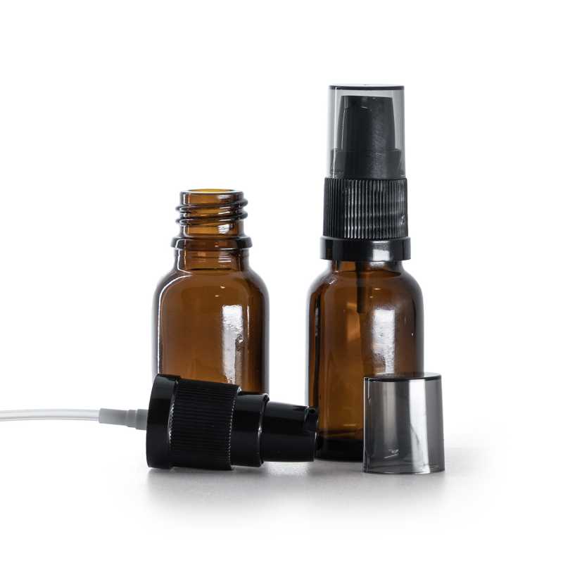 Flaconcino di vetro ambra, dosatore di crema con sopra-tappo fumé, 15 ml