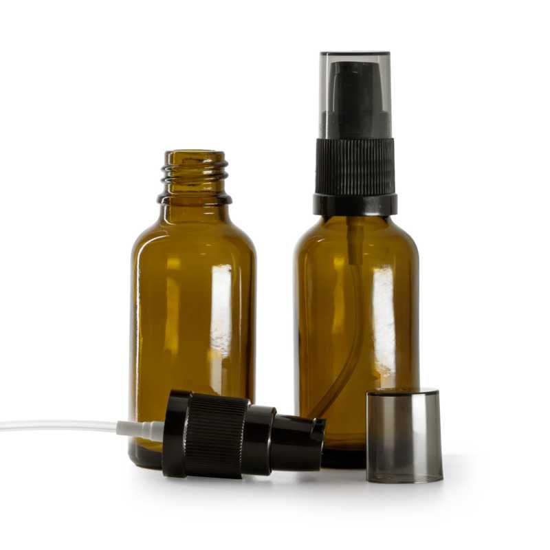 Flaconcino di vetro ambra, pompa lozione con sopra-tappo fumé, 30 ml