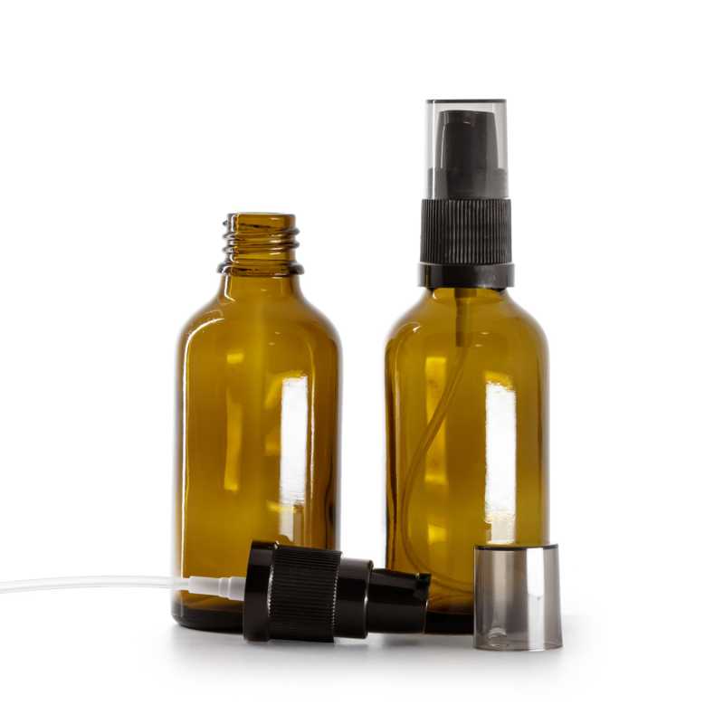 Flaconcino di vetro ambra, pompa lozione con sopra-tappo fumé, 50 ml