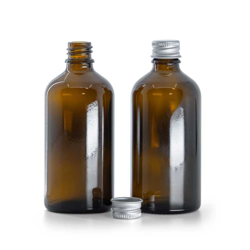 Bottiglia in vetro, ambra, tappo in alluminio, 100 ml