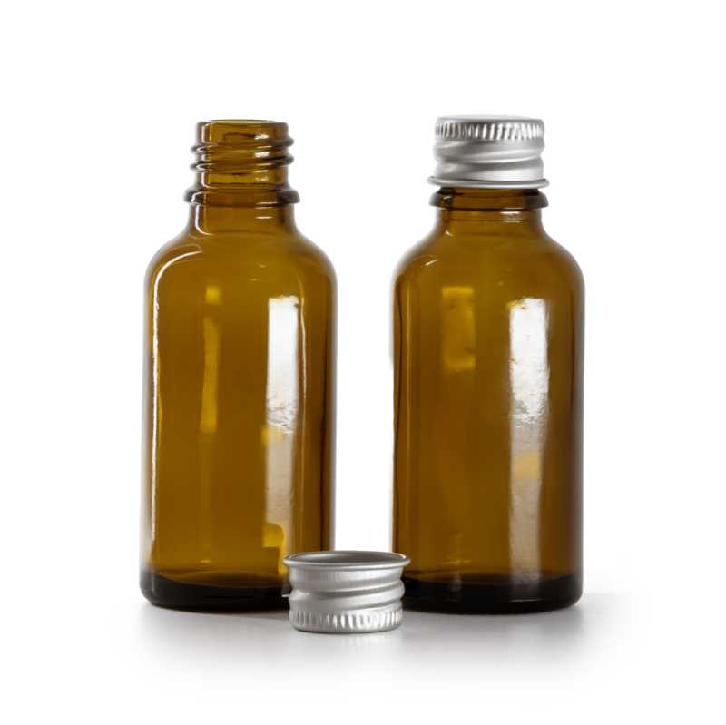 Flacone in vetro ambra, tappo in alluminio argento, 30 ml