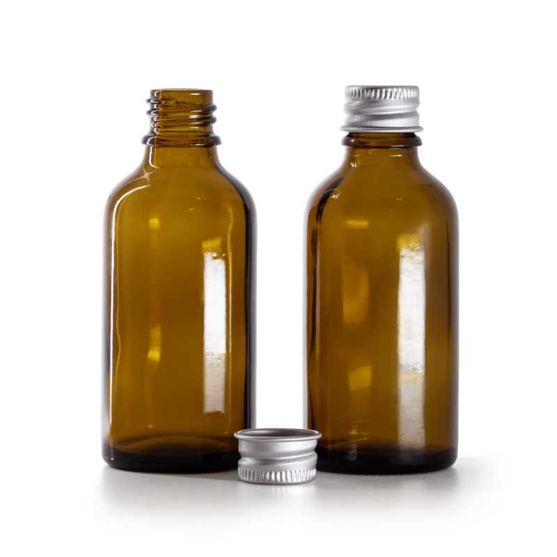 Flacone in vetro ambra, tappo in alluminio argento, 50 ml