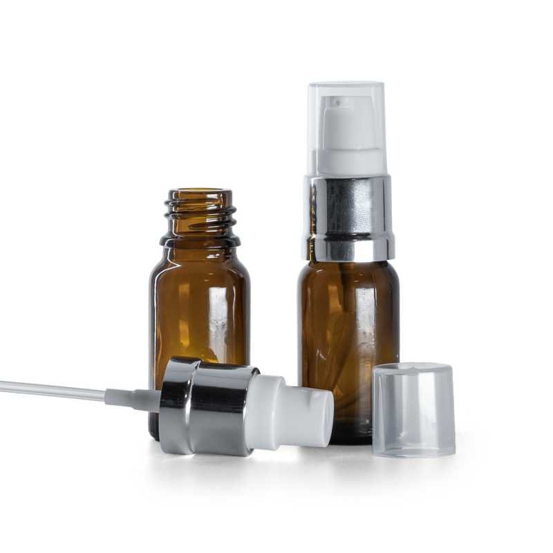 Flacone in vetro ambra, dosatore bianco argento lucido, 10 ml