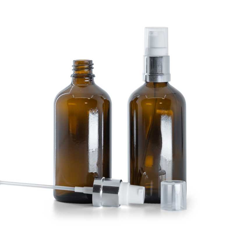 Flacone in vetro ambra, dosatore bianco argento lucido, 100 ml