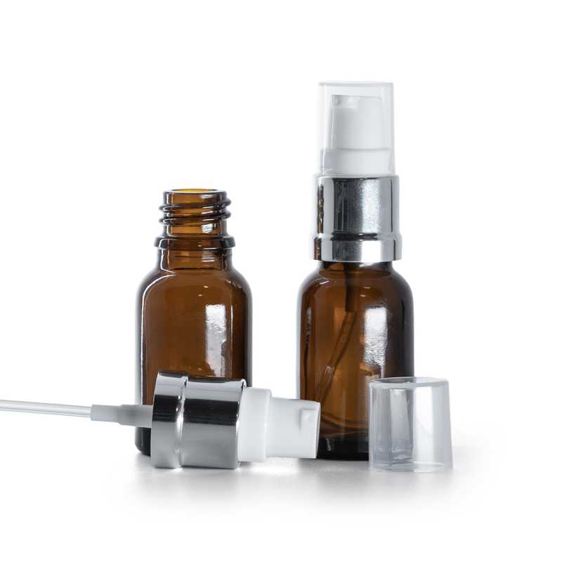 Flacone in vetro ambra, dosatore bianco argento lucido, 15 ml