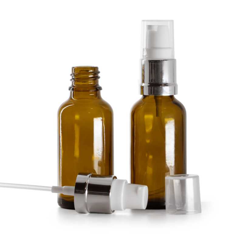 Flacone in vetro, ambra, dosatore bianco argento lucido, 30 ml