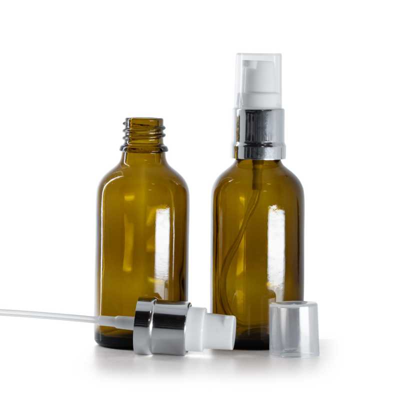 Bottiglia in vetro, ambra, dosatore bianco argento lucido, 50 ml