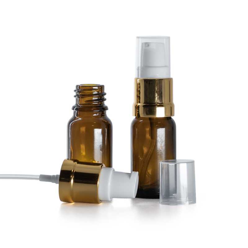 Flacone in vetro ambra, dosatore bianco oro lucido, 10 ml