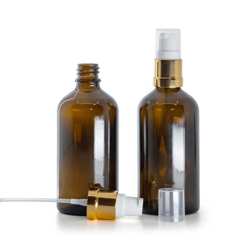 Flacone in vetro ambra, dosatore bianco oro lucido, 100 ml