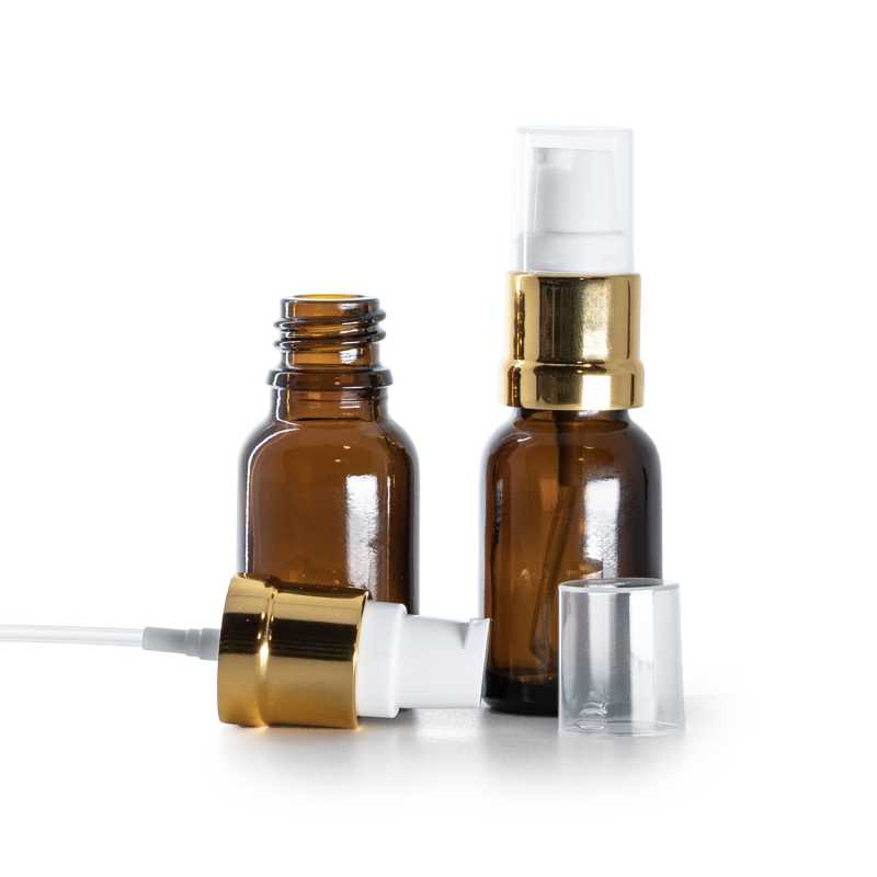 Bottiglia in vetro, ambra, erogatore bianco oro lucido, 15 ml