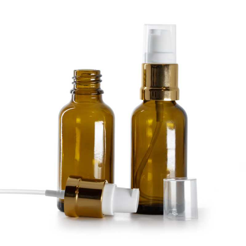 Flacone in vetro ambrato, dosatore bianco oro lucido, 30 ml