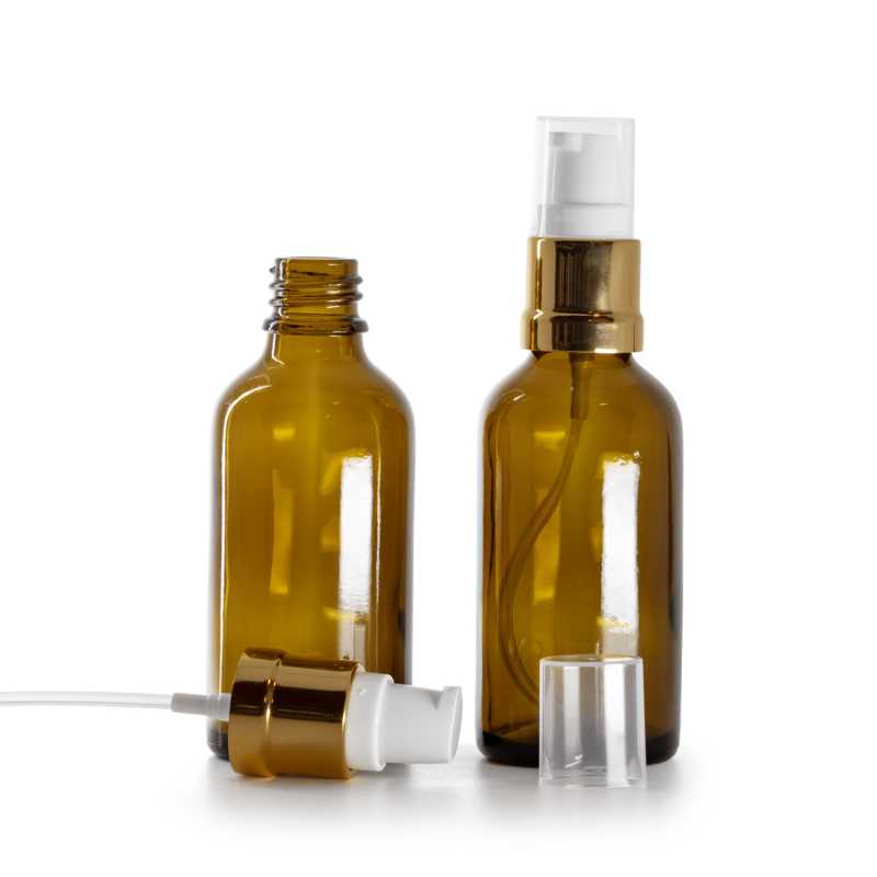 Bottiglia in vetro, ambra, dosatore bianco oro lucido, 50 ml