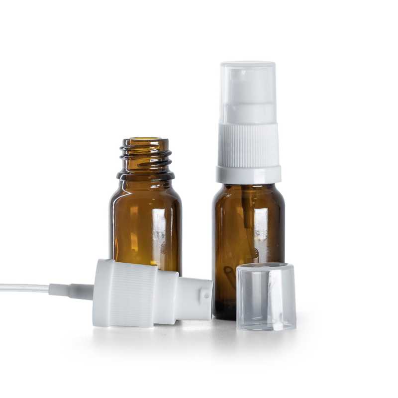 Flacone in vetro ambra, dosatore bianco, 10 ml