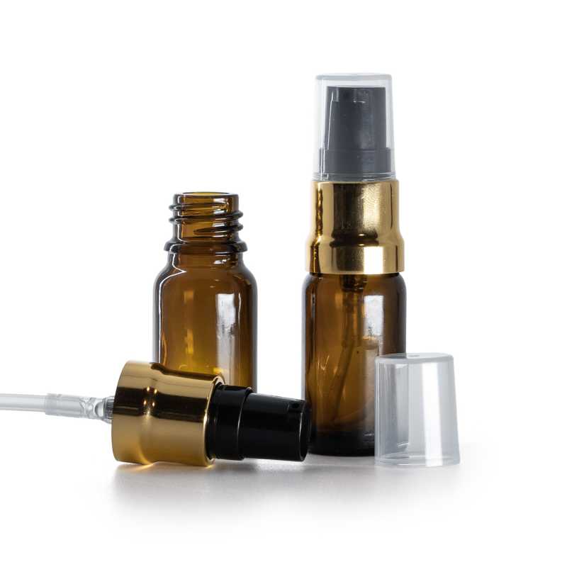 Flacone in vetro ambrato, dosatore nero e oro lucido con cappuccio trasparente, 10 ml