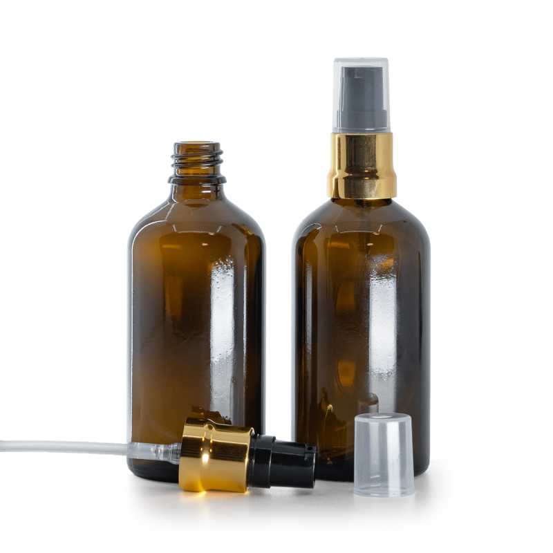 Flacone in vetro, ambra, dosatore nero e oro lucido con sovratappo trasparente, 100 ml