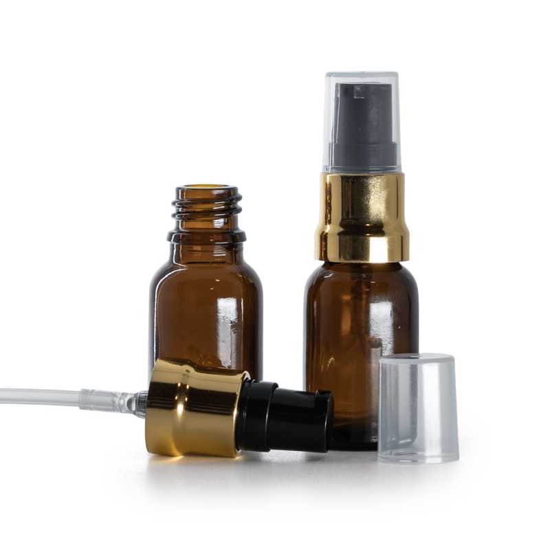 Flacone in vetro ambra, dosatore nero oro lucido, cappuccio trasparente, 15 ml
