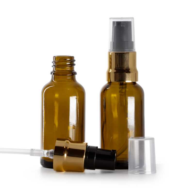 Flacone in vetro ambra, dosatore nero oro lucido, cappuccio trasparente, 30 ml