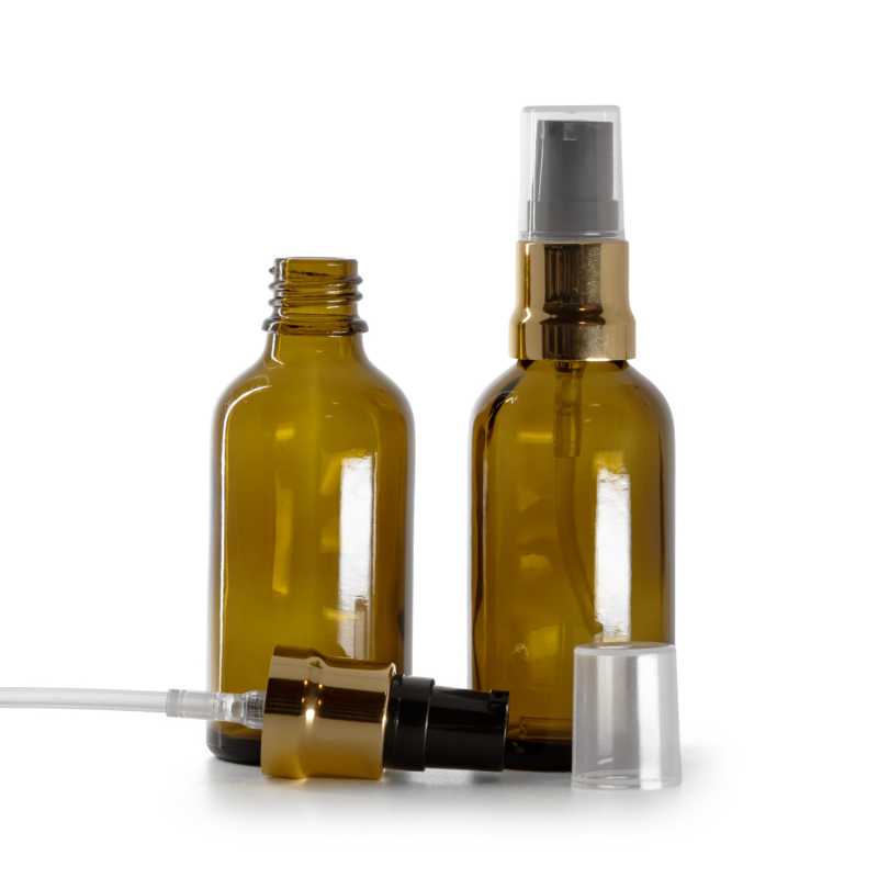 Flacone in vetro ambrato, dosatore nero oro lucido con cappuccio trasparente, 50 ml