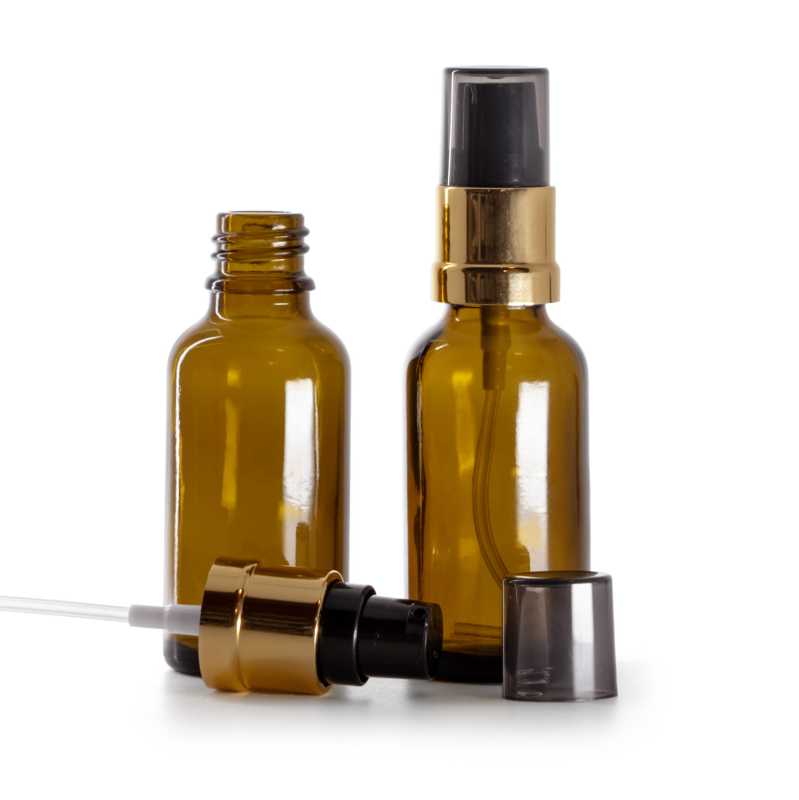 Flaconcino di vetro ambra, pompa nera e dorata lucida con sopra-tappo fumé, 30 ml