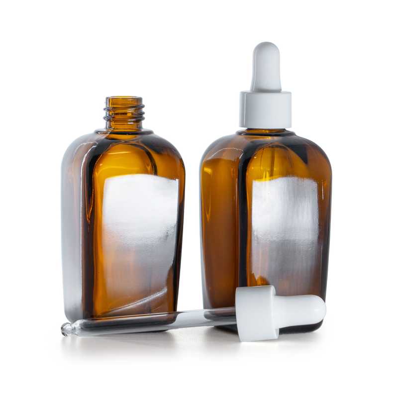 Flacone quadrato in vetro ambrato, contagocce bianco lucido, 90 ml