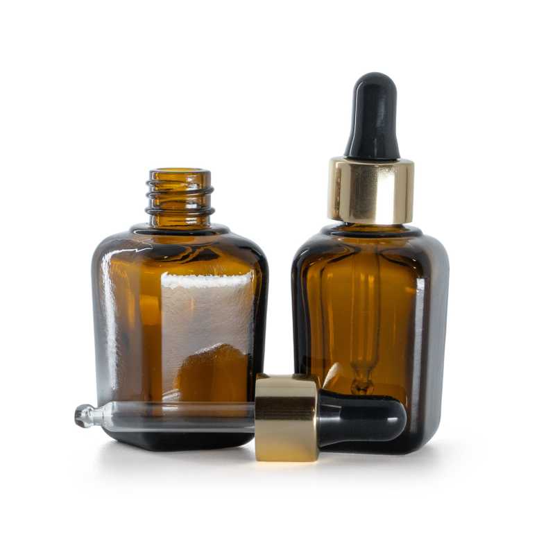 Flacone in vetro ambra quadrato, contagocce nero oro, 30 ml