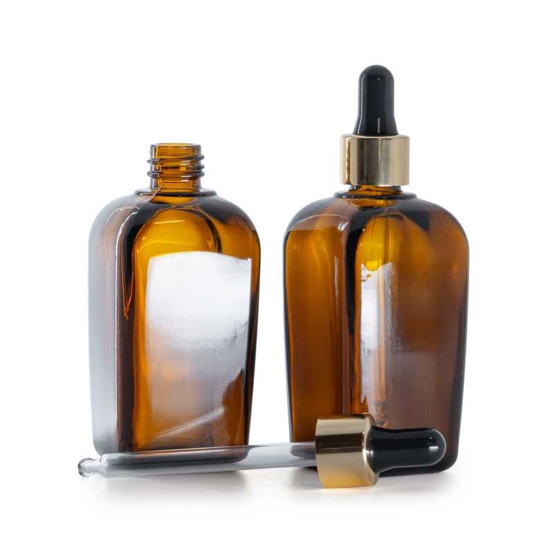 Flacone quadrato in vetro ambrato, contagocce nero oro, 90 ml