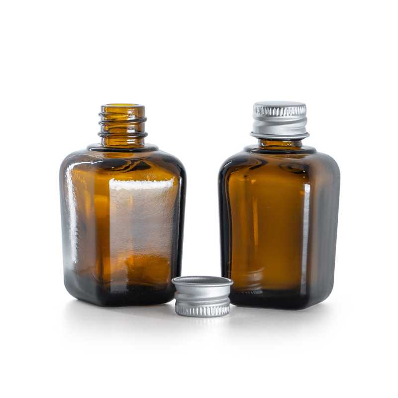 Flacone in vetro ambrato, tappo in alluminio argento, 30 ml
