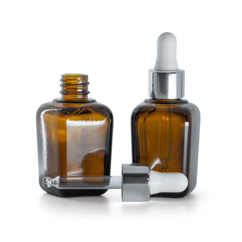 Flacone quadrato in vetro ambra, contagocce argento lucido, 30 ml