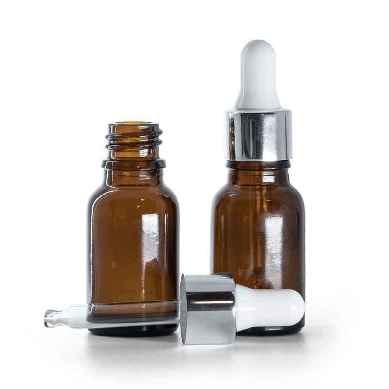 Flacone in vetro, contagocce argento lucido, 15 ml