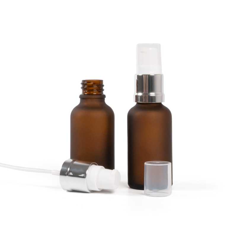 Flacone in vetro, ambra opaca, dosatore bianco argento lucido, 30 ml