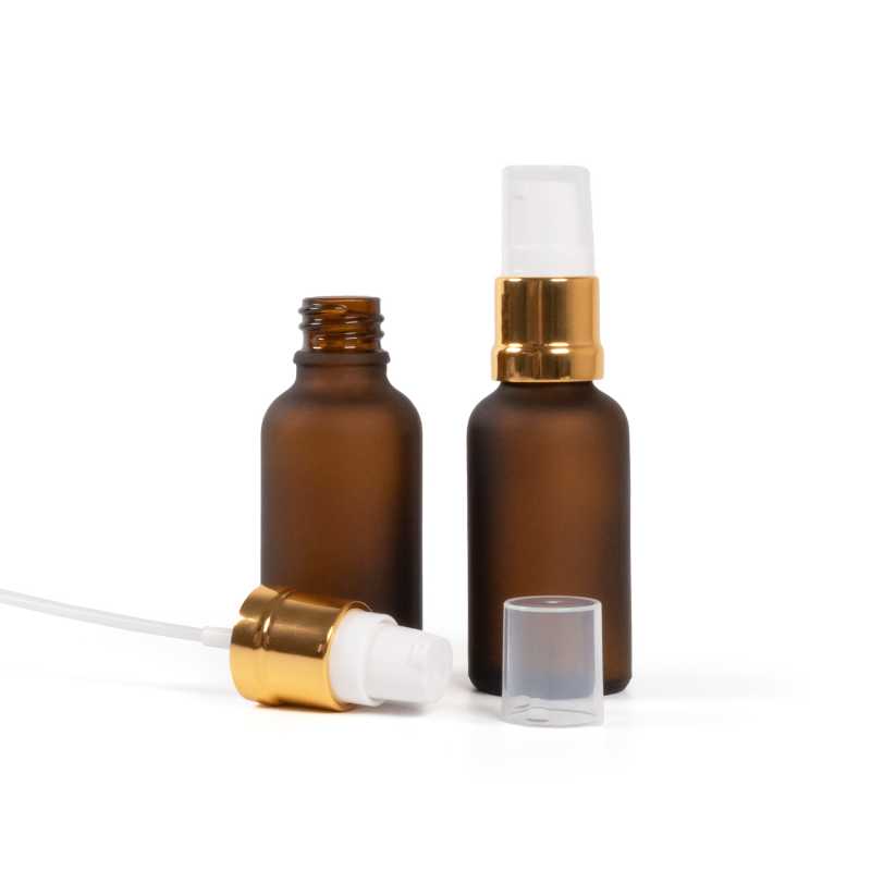 Bottiglia in vetro, ambra opaca, dosatore bianco oro lucido, 30 ml