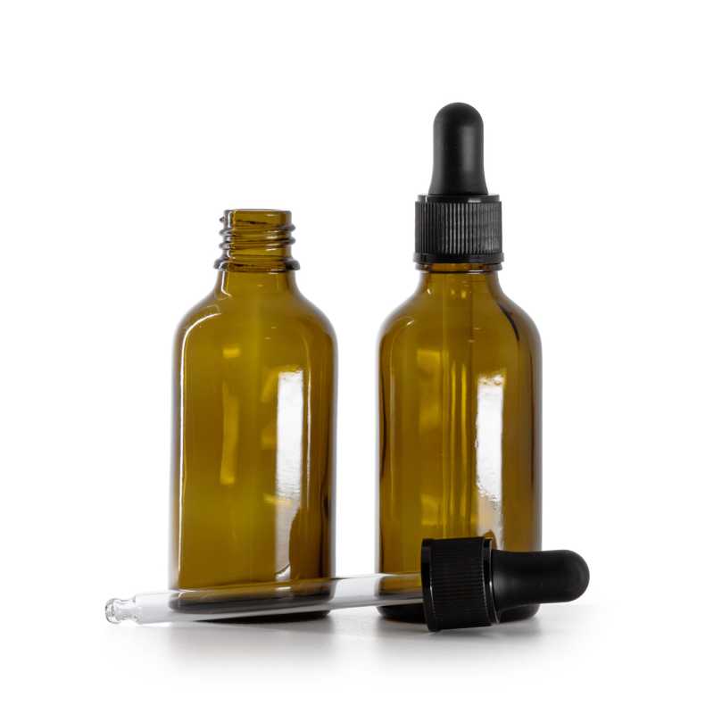 Bottiglia in vetro, ambra, contagocce nero opaco, 50 ml