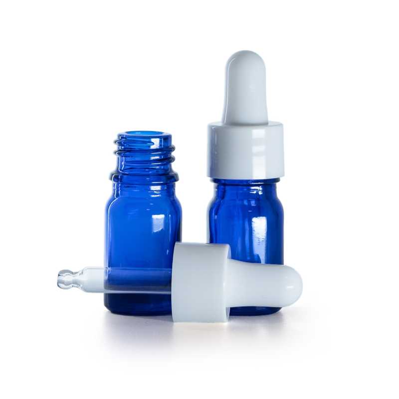 Bottiglia in vetro, blu, contagocce bianco lucido, 5 ml