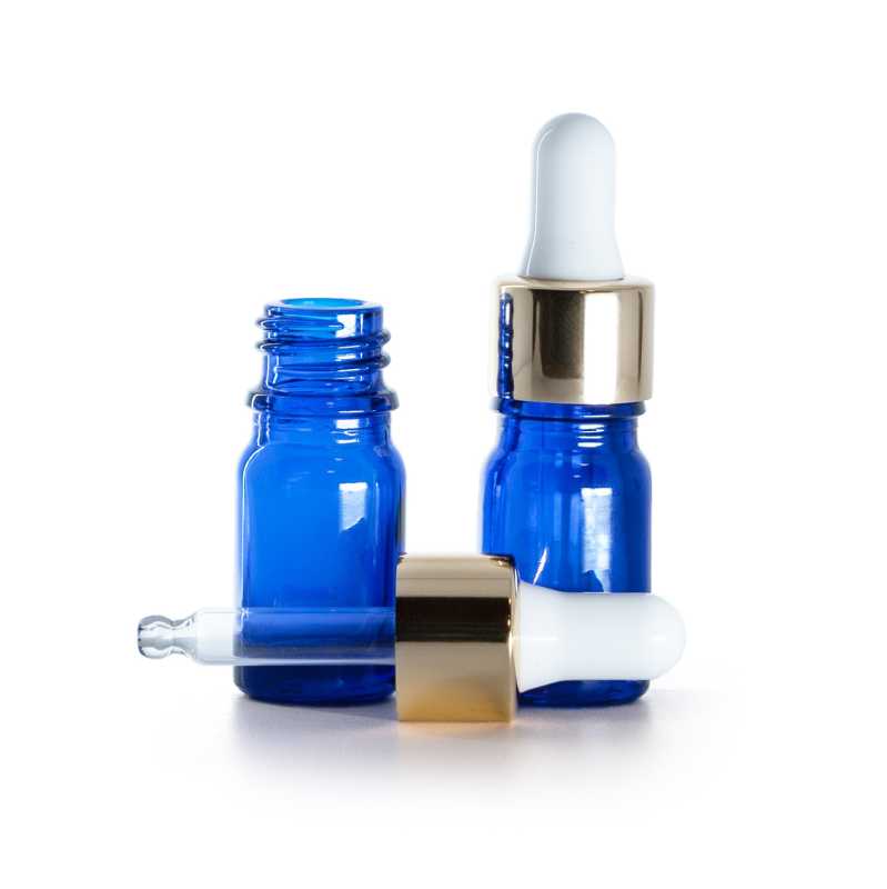 Flacone in vetro, blu, contagocce bianco oro, 5 ml
