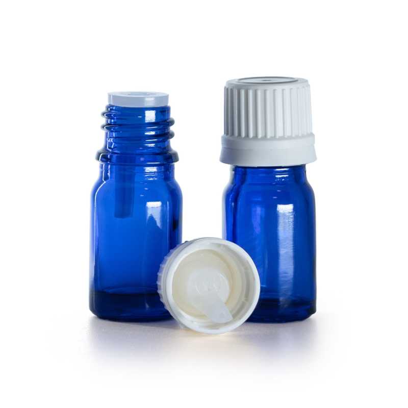 Flaconcino di vetro blu, tappo bianco con contagocce, 5 ml