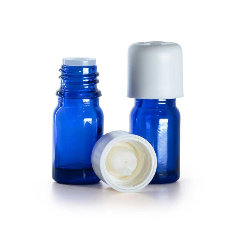 Bottiglia in vetro, blu, tappo contagocce di sicurezza bianco, 5 ml