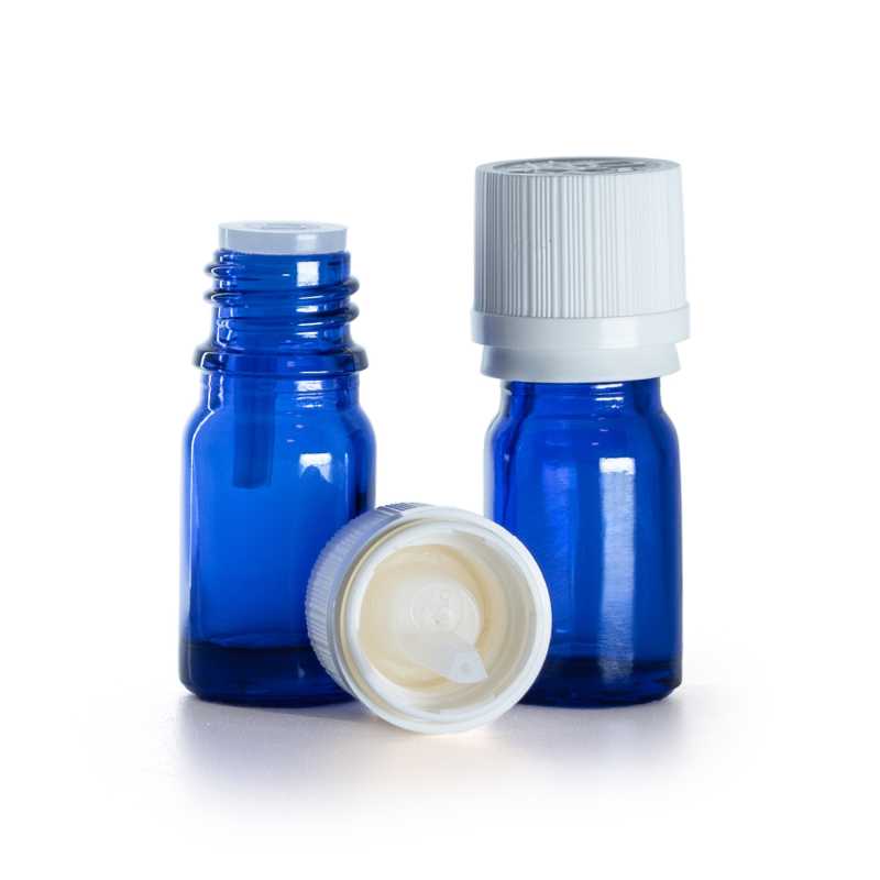 Bottiglia in vetro, blu, tappo di sicurezza antimanomissione bianco con contagocce, 5 ml