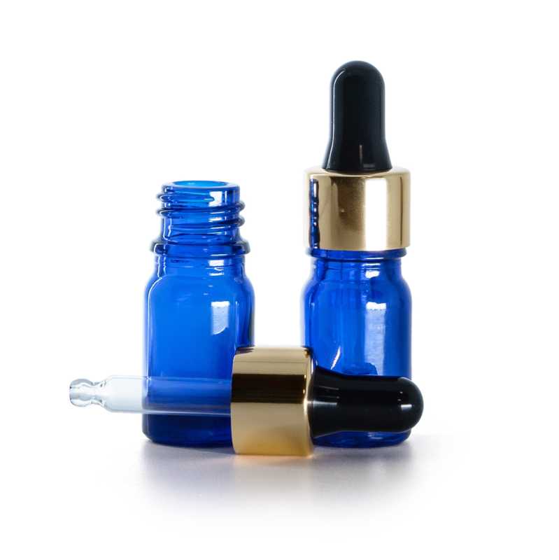 Flacone in vetro, blu, contagocce nero oro, 5 ml