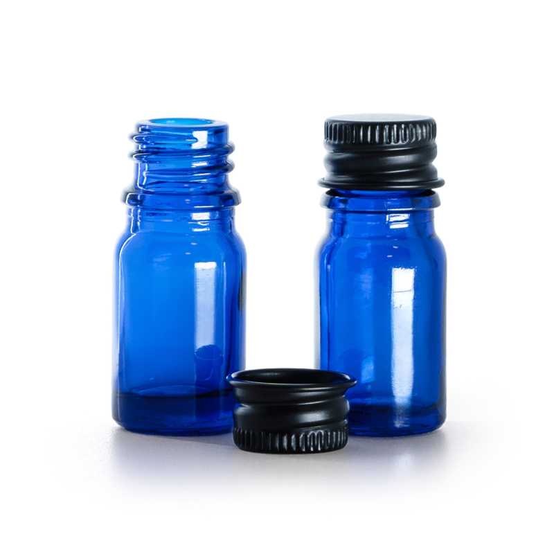 Flacone in vetro, contagocce, blu, tappo in alluminio nero, 5 ml