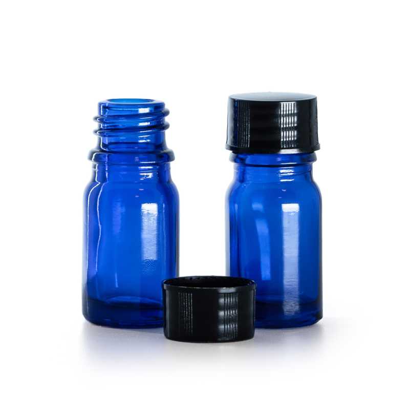 Flacone in vetro, blu, tappo nero, 5 ml