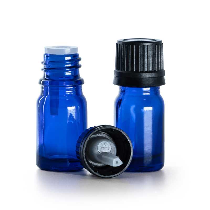 Flacone di vetro blu, tappo nero con contagocce, 5 ml