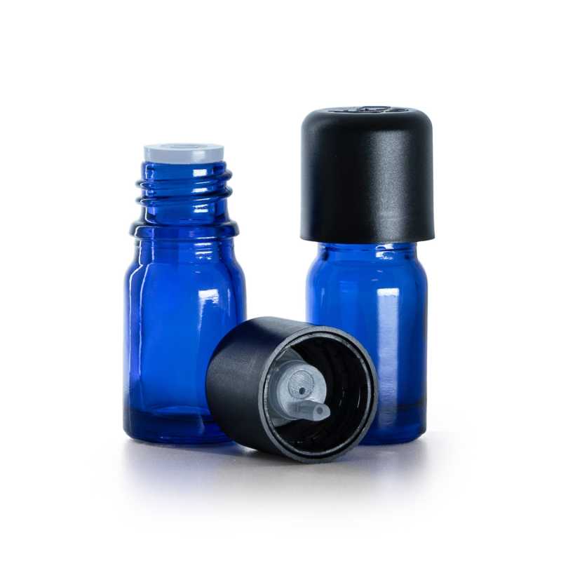Flacone in vetro blu, tappo di sicurezza antimanomissione nero con contagocce, 5 ml