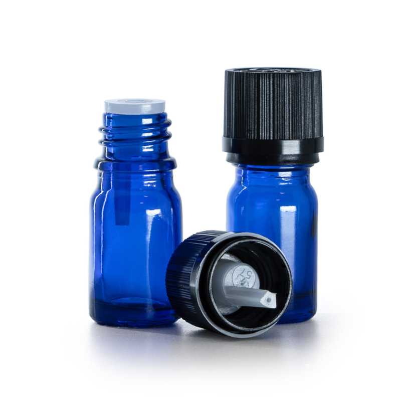 Flacone in vetro blu, tappo di sicurezza nero, contagocce, 5 ml