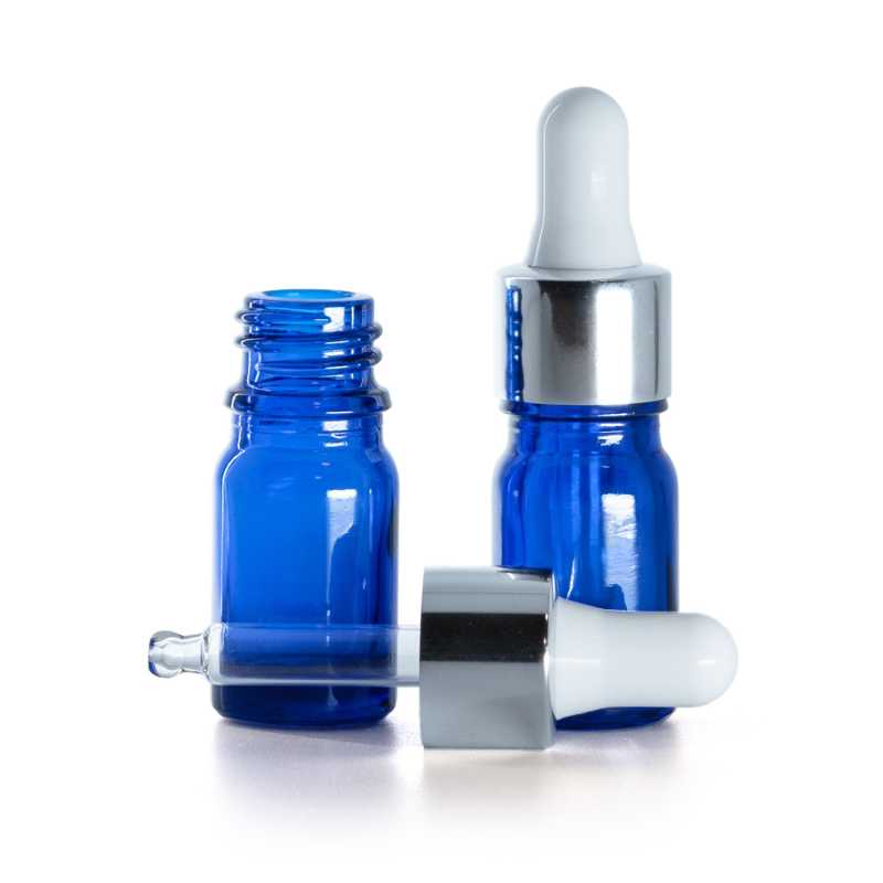 Bottiglia in vetro, blu, contagocce argento lucido, 5 ml